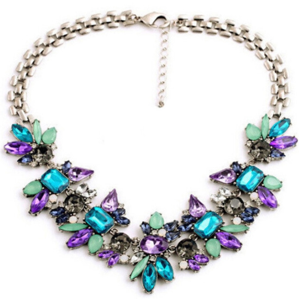 Multi-color crystal choker silver necklace